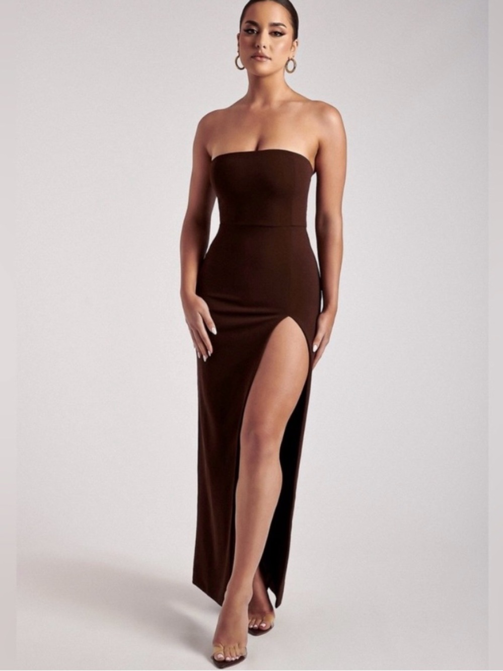 Meshki Strapless Chocolate Brown High-Slit Evening Dress